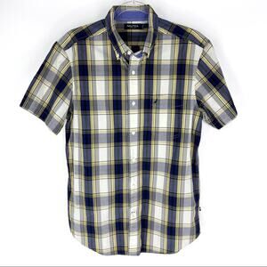 Nautica Button Down Short Sleeve Shirt Blue Yellow Plaid M